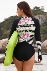 Floral Striped Patchwork Rashguard One-piece Areous