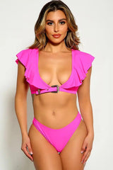 Fuchsia Black Ruffled Belted Two Piece Bikini Areous