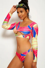 Fuchsia Blue Long Sleeves Two Piece Swimsuit Areous