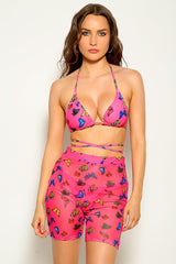 Fuchsia Butterfly Print Strappy Three Piece Swimsuit Areous
