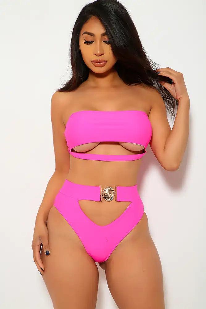 Fuchsia Cut Out Padded Two Piece Swimsuit Areous