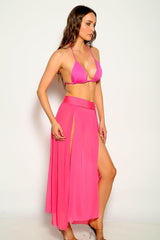 Fuchsia Mesh High Slits One Piece Swimsuit Skirt Coverup Areous