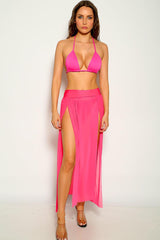 Fuchsia Mesh High Slits One Piece Swimsuit Skirt Coverup Areous