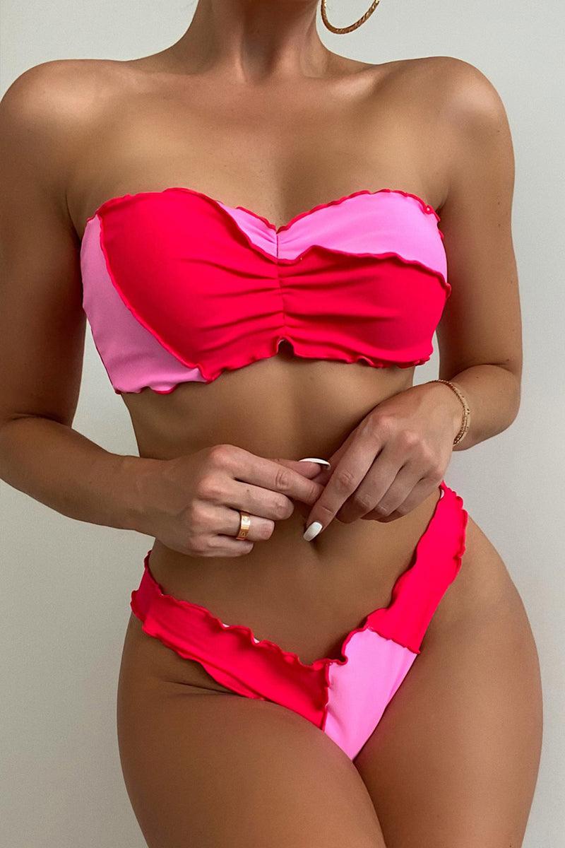 Fuchsia Red Bandeau Cheeky Two Piece Swimsuit Areous