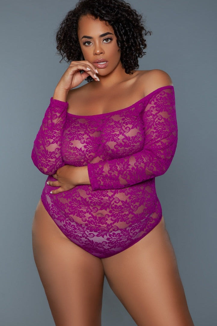 Fuchsia Scooped Neck Long Sleeves Bodysuit | Plus Size Areous