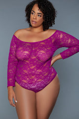 Fuchsia Scooped Neck Long Sleeves Bodysuit | Plus Size Areous