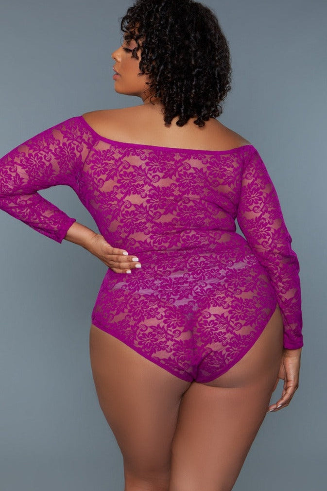 Fuchsia Scooped Neck Long Sleeves Bodysuit | Plus Size Areous