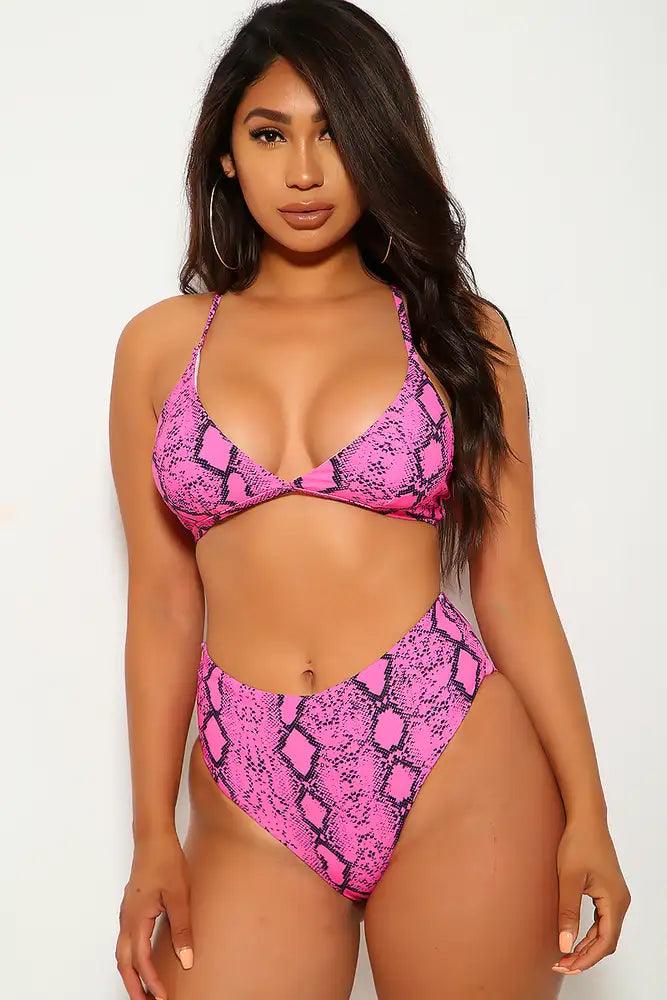 Fuchsia Snake Print High Waist Two Piece Swimsuit Areous