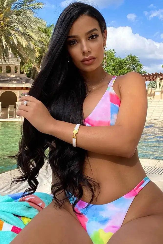 Fuchsia White Tie Dye V-Wire Two Piece Swimsuit Areous