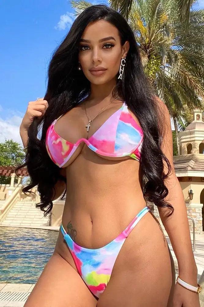 Fuchsia White Tie Dye V-Wire Two Piece Swimsuit Areous