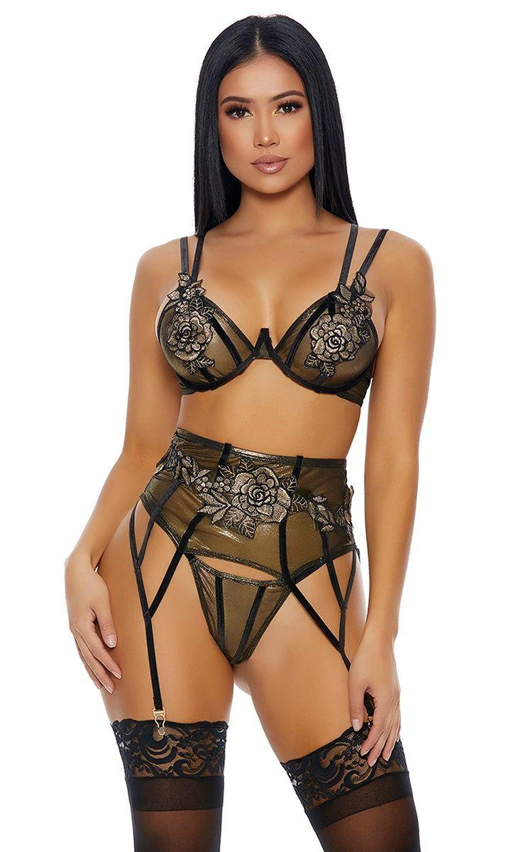 Gold Bud All By Myself Floral Embroidered Lingerie Set Areous