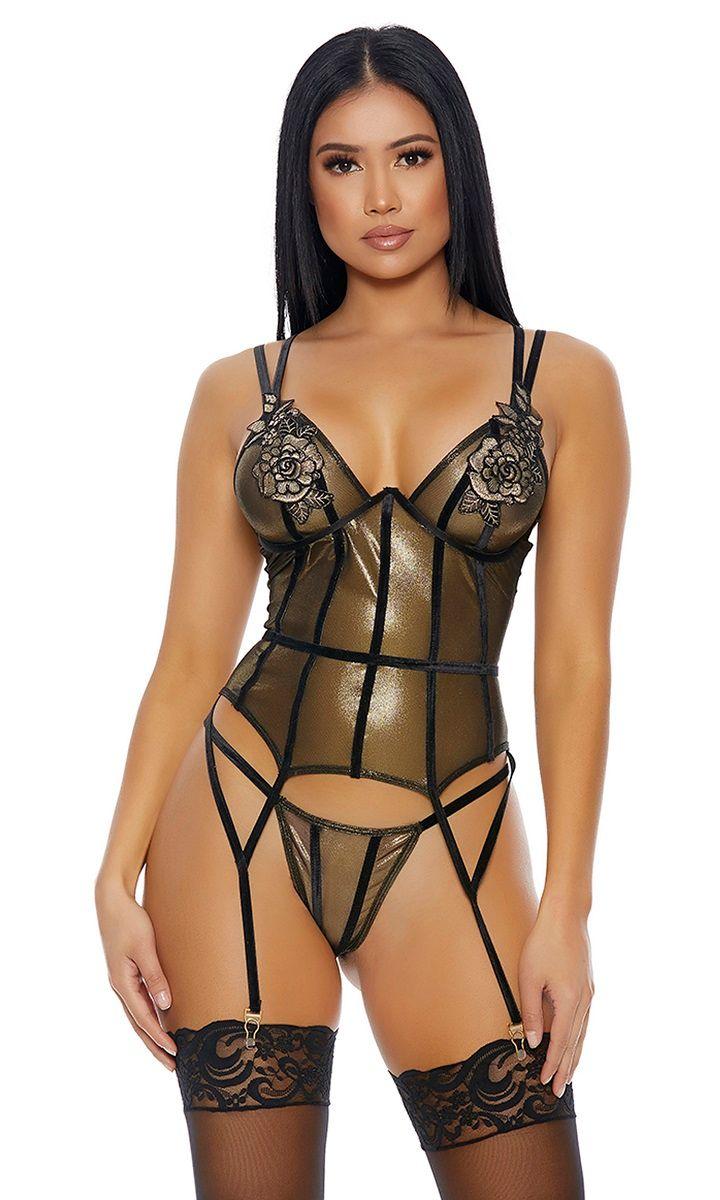 Gold Nothin Bud Trouble Floral Embroidered Bustier Set Areous