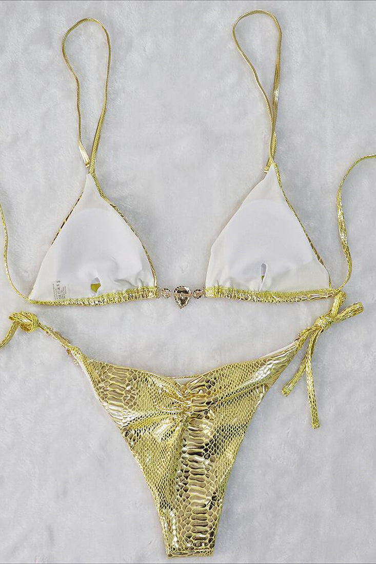 Gold Snake Rhinestone Strappy Halter Cheeky 2 Pc Swimsuit Areous