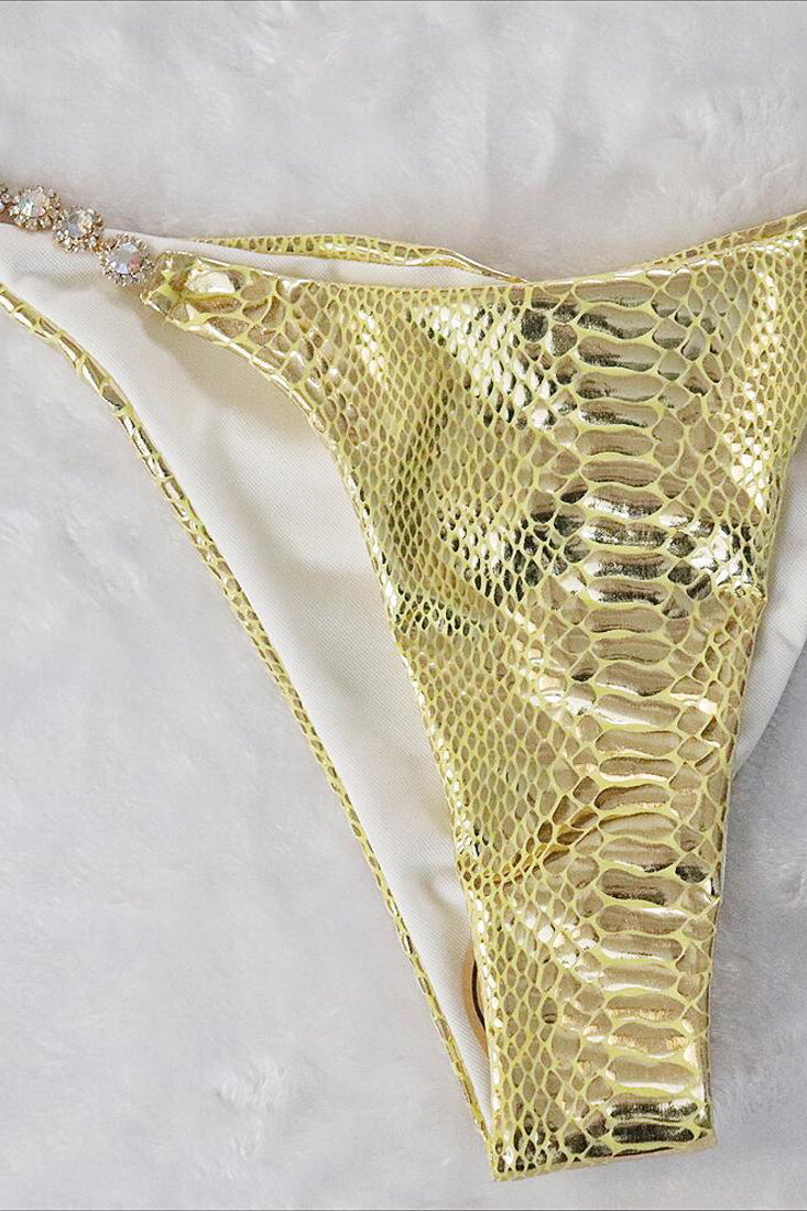 Gold Snake Rhinestone Strappy Halter Cheeky 2 Pc Swimsuit Areous