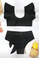 Golden V Ruffle Lace-up Bikini Set Areous