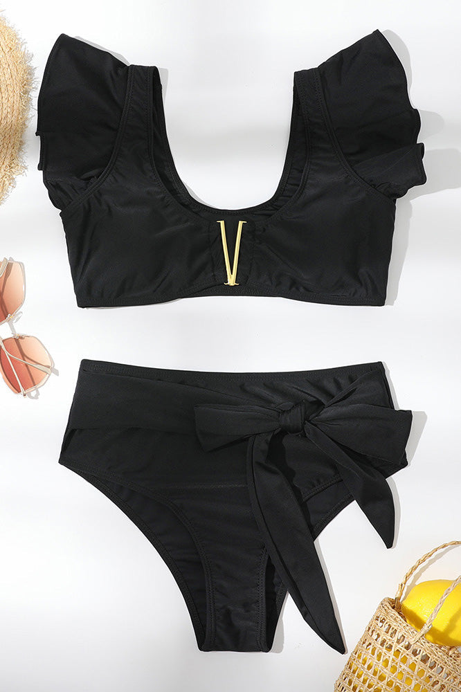Golden V Ruffle Lace-up Bikini Set Areous