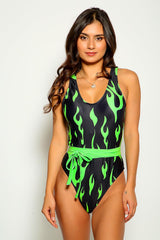Green Black Flame Print Strappy One Piece Swimsuit Areous