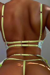 Green Floral Embroidered Mesh Underwire Lingerie 3 Pc Set Areous