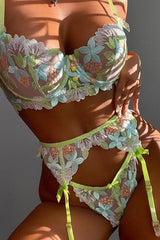 Green Floral Embroidered Mesh Underwire Lingerie 3 Pc Set Areous