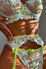 Green Floral Embroidered Mesh Underwire Lingerie 3 Pc Set Areous