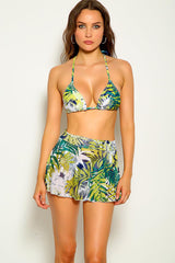 Green Floral Print Cheeky Three Piece Swimsuit Areous
