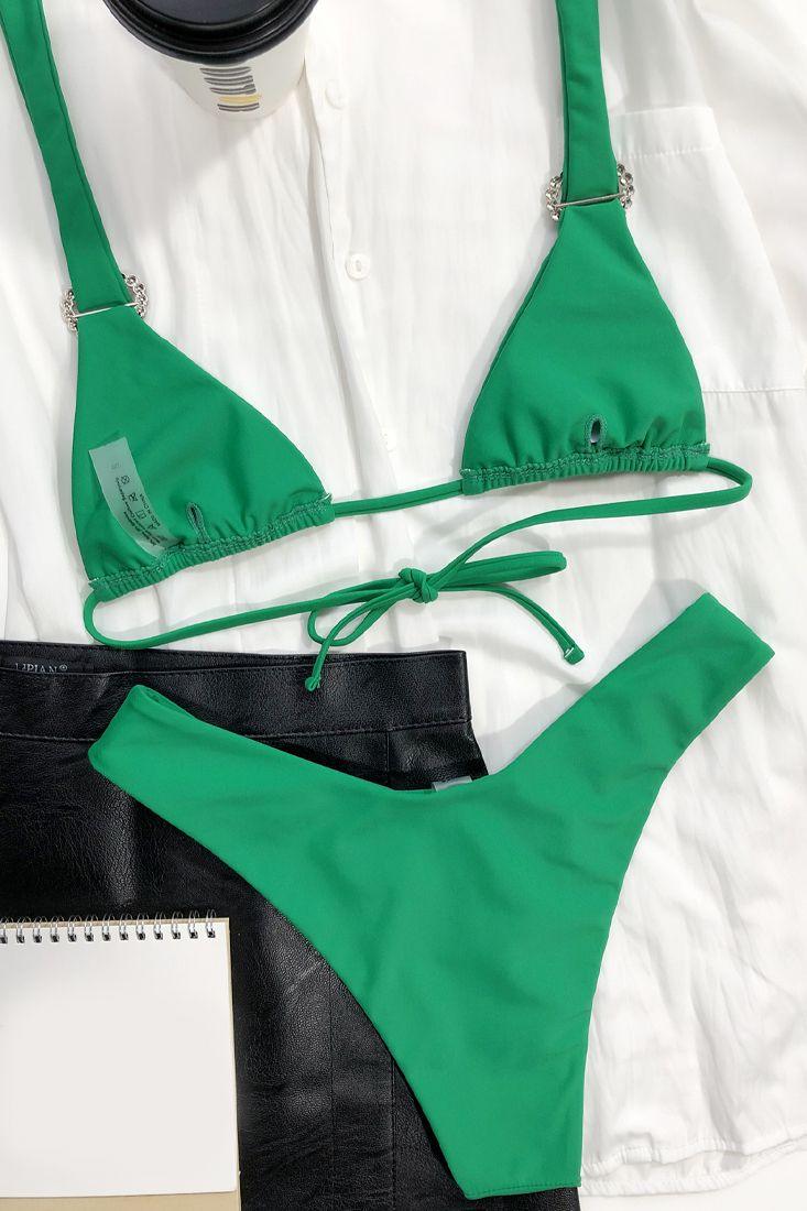 Green Halter Rhinestone Heart Detail Cheeky Two Piece Swimsuit Areous