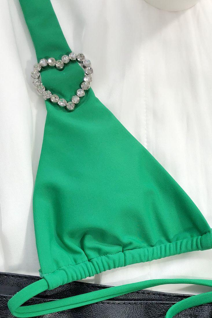 Green Halter Rhinestone Heart Detail Cheeky Two Piece Swimsuit Areous