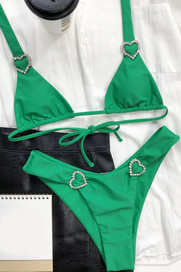 Green Halter Rhinestone Heart Detail Cheeky Two Piece Swimsuit Areous
