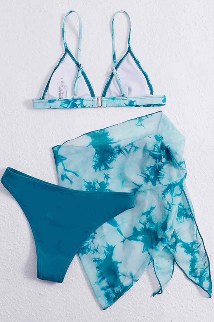 Green Printed Mesh Three Piece Swimsuit Areous