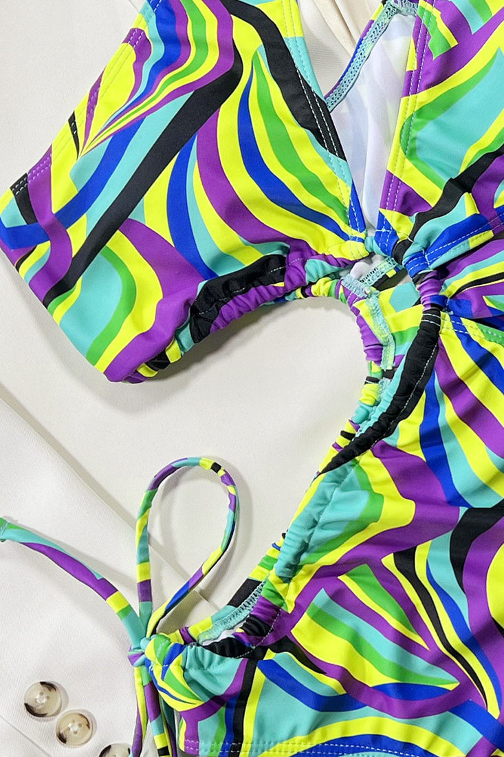 Green Purple Hollow Out Asymmetrical 1 Pc Swimsuit Areous