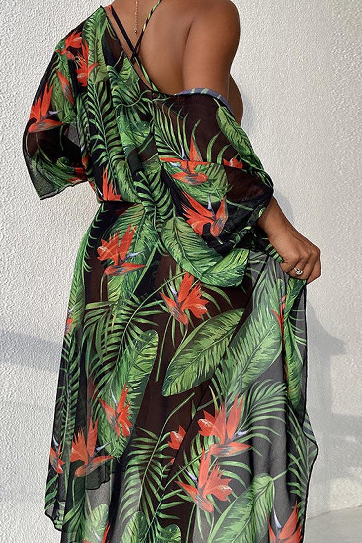 Green Red Tropical Print Two Piece Monokini Swim & Cover-up Set Areous