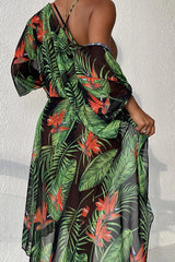 Green Red Tropical Print Two Piece Monokini Swim & Cover-up Set Areous