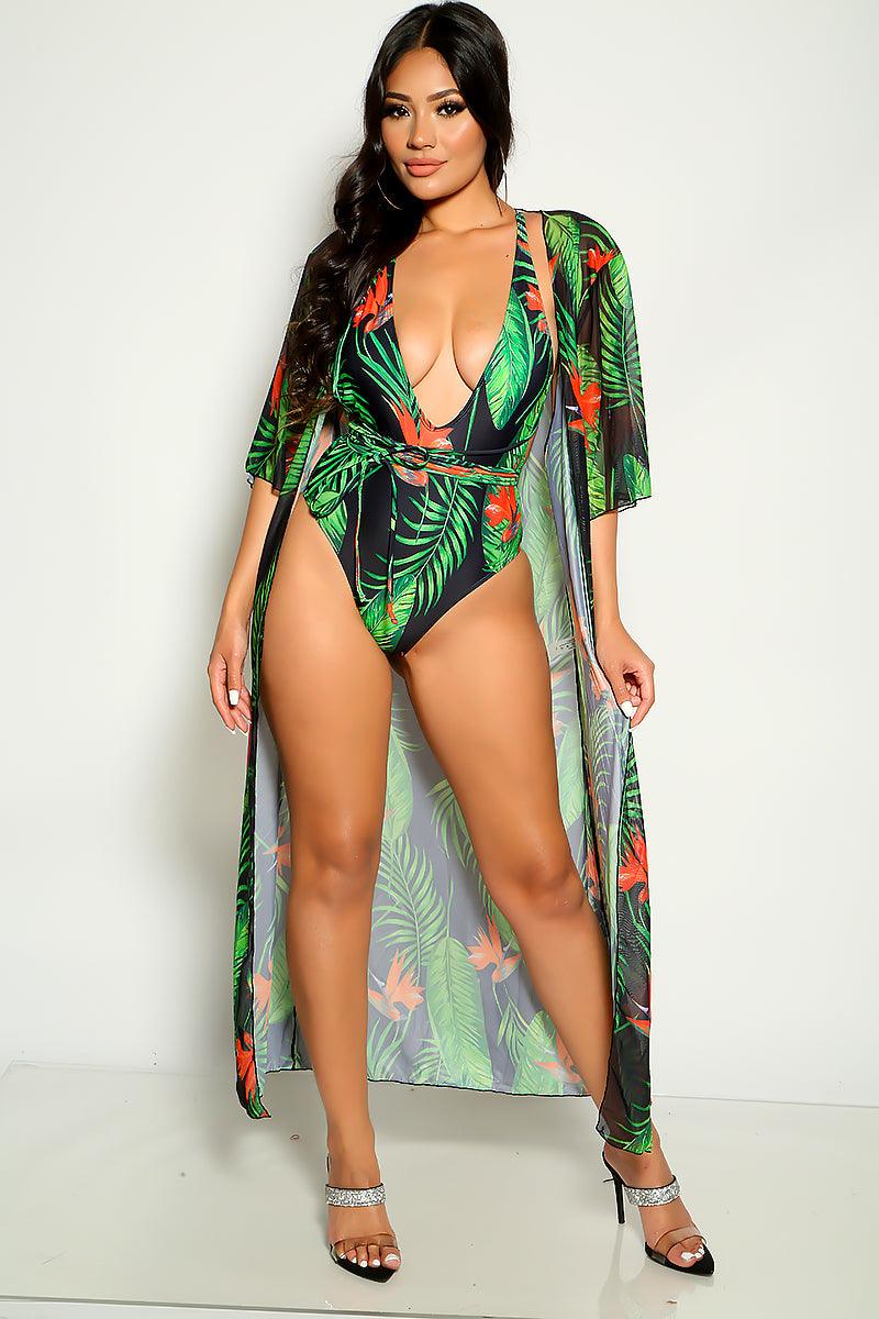Green Red Tropical Print Two Piece Monokini Swim & Cover-up Set Areous