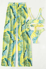Green Tropical Criss-Cross Top 3 Pc Swimsuit With Pants Cover Up Areous