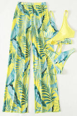 Green Tropical Criss-Cross Top 3 Pc Swimsuit With Pants Cover Up Areous
