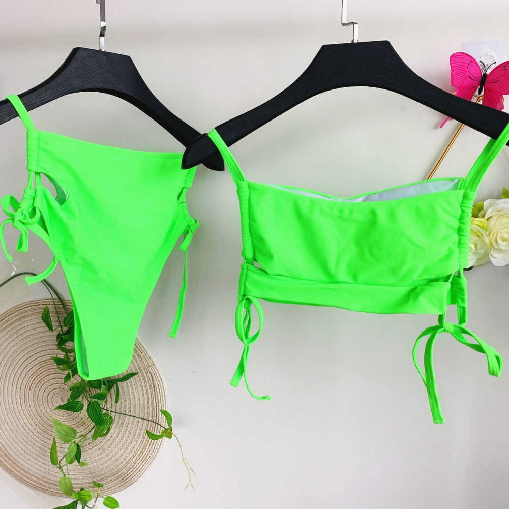 Green Two Piece High Waist Strap Swimwear Areous