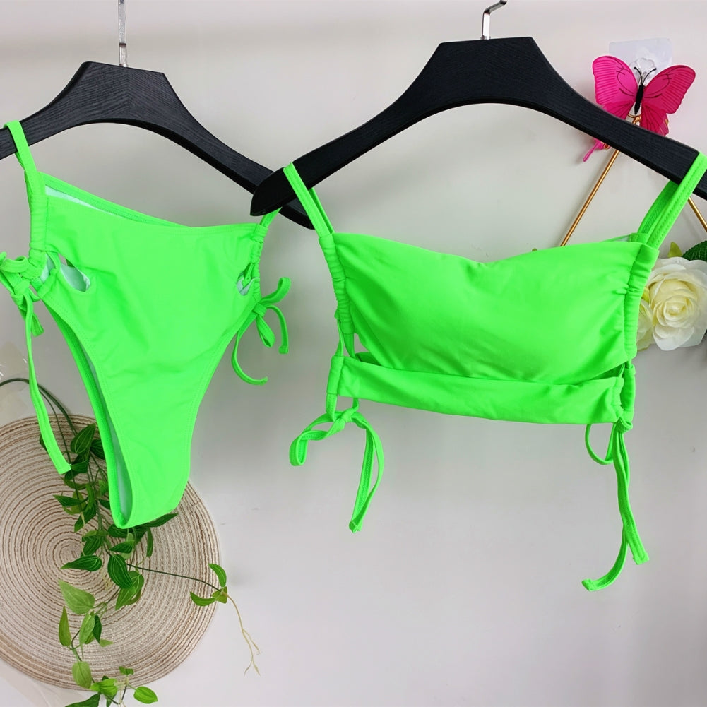 Green Two Piece High Waist Strap Swimwear Areous