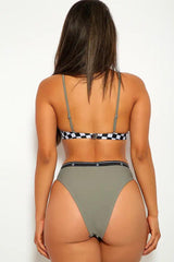 Grey Two Piece Checkered Print Swimsuit Areous