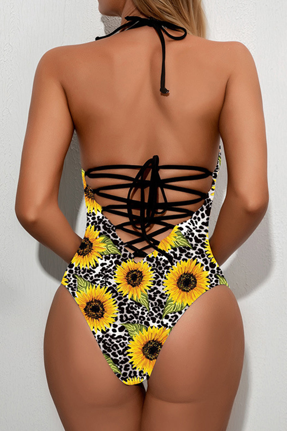 Halter Cross-Tie One-Piece Swimsuit Areous