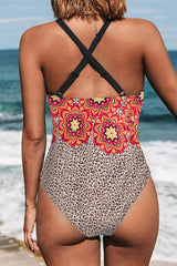 Halter Hollow Bohemian Contrast One-Piece Swimsuit Areous