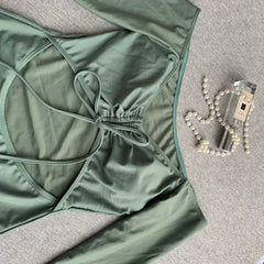 High Cut One-Piece Cut Out Long Sleeve Strapless Swimwear Areous