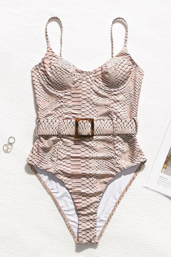 High Cut Python Pattern Buckle One Piece Swimsuit Areous