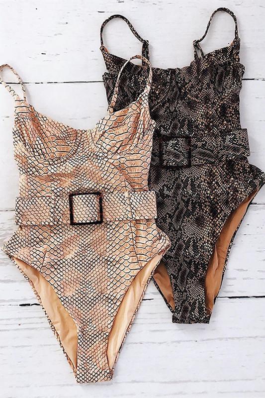 High Cut Python Pattern Buckle One Piece Swimsuit Areous