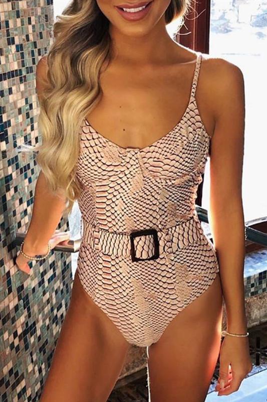 High Cut Python Pattern Buckle One Piece Swimsuit Areous