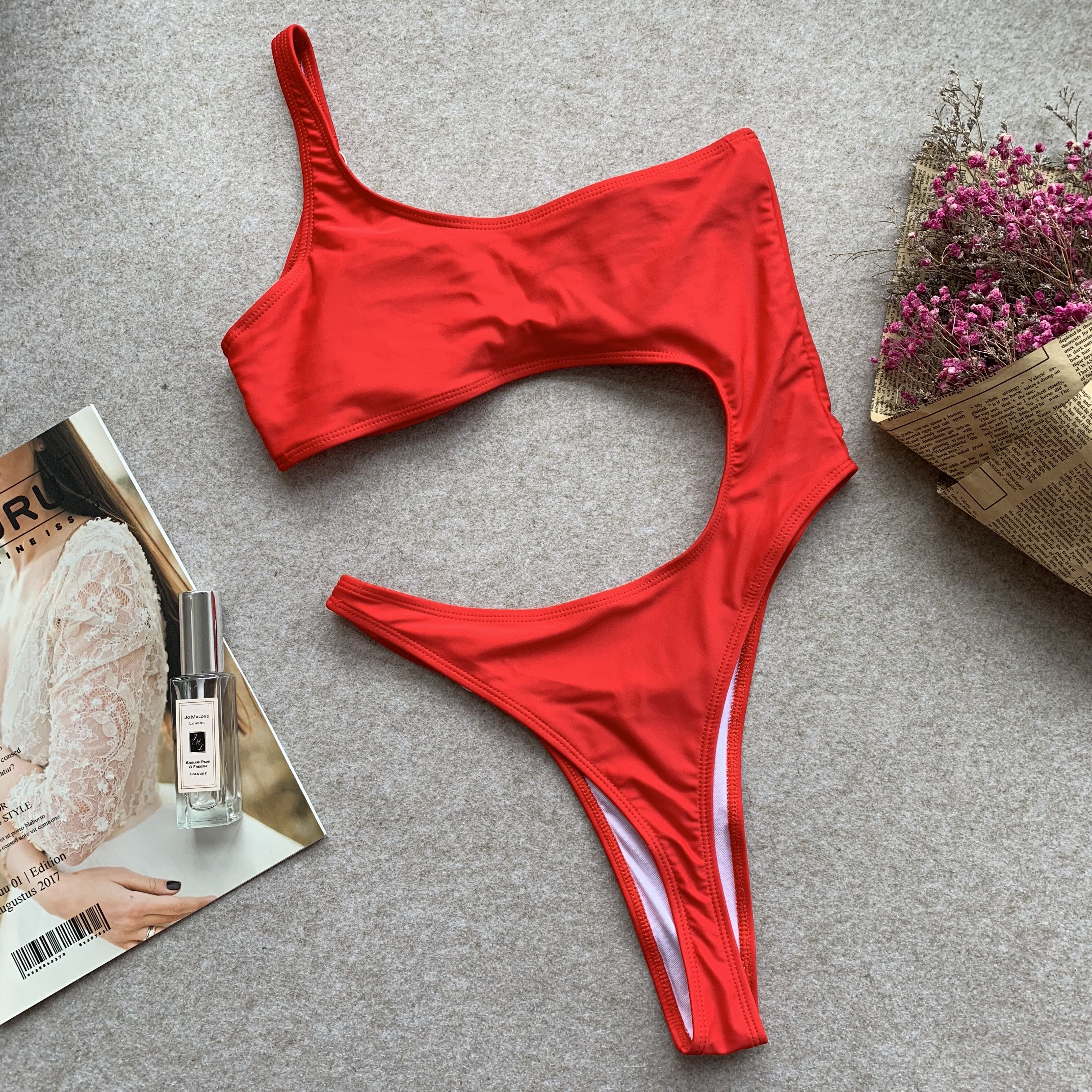 High Cut Red One-Piece Swimwear Areous