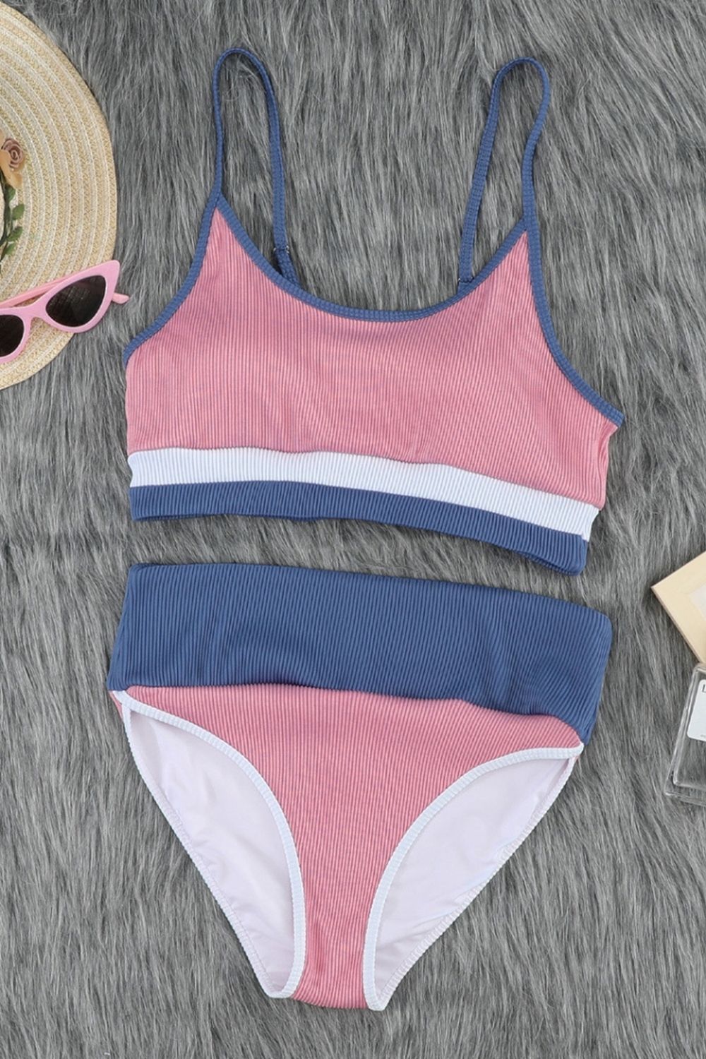 High-Waisted Sling Striped Bikini Areous