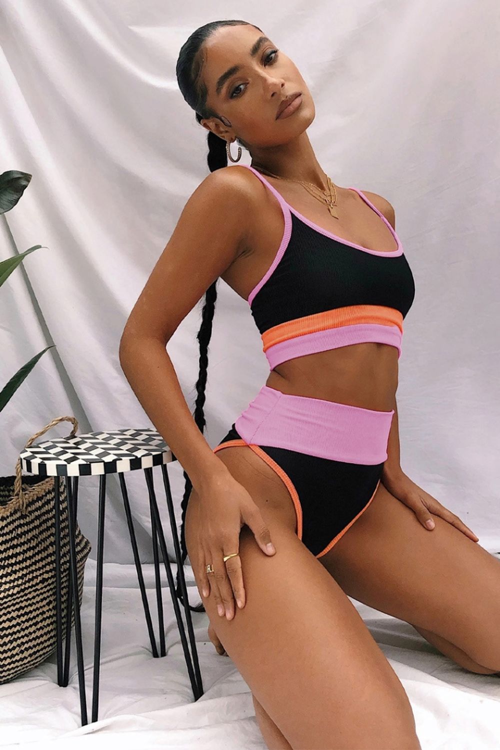 High-Waisted Sling Striped Bikini Areous