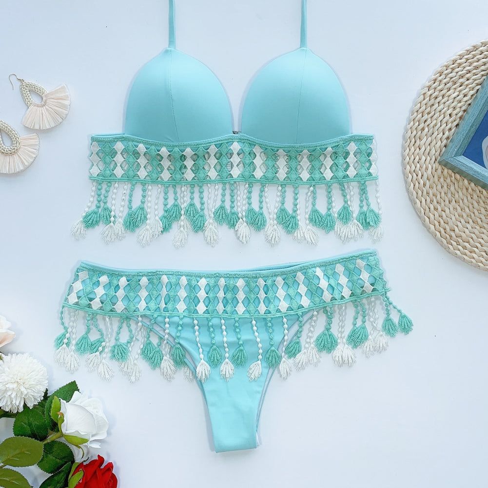 Hollow Out Tassels Halter Swimwear Areous