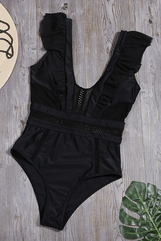 Hollow deep V Ruffles One Piece Areous