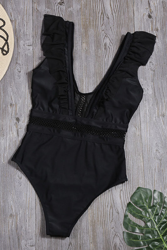 Hollow deep V Ruffles One Piece Areous